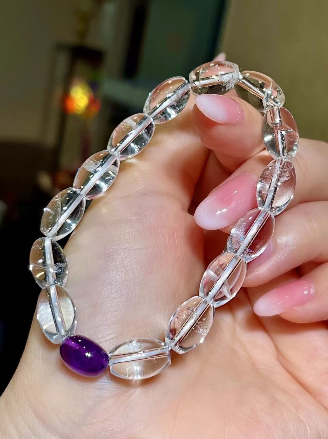 White Crystal and Amethyst Beaded Bracelet, 12.2mm Clear Faceted Oval Beads with 11mm Purple Accent