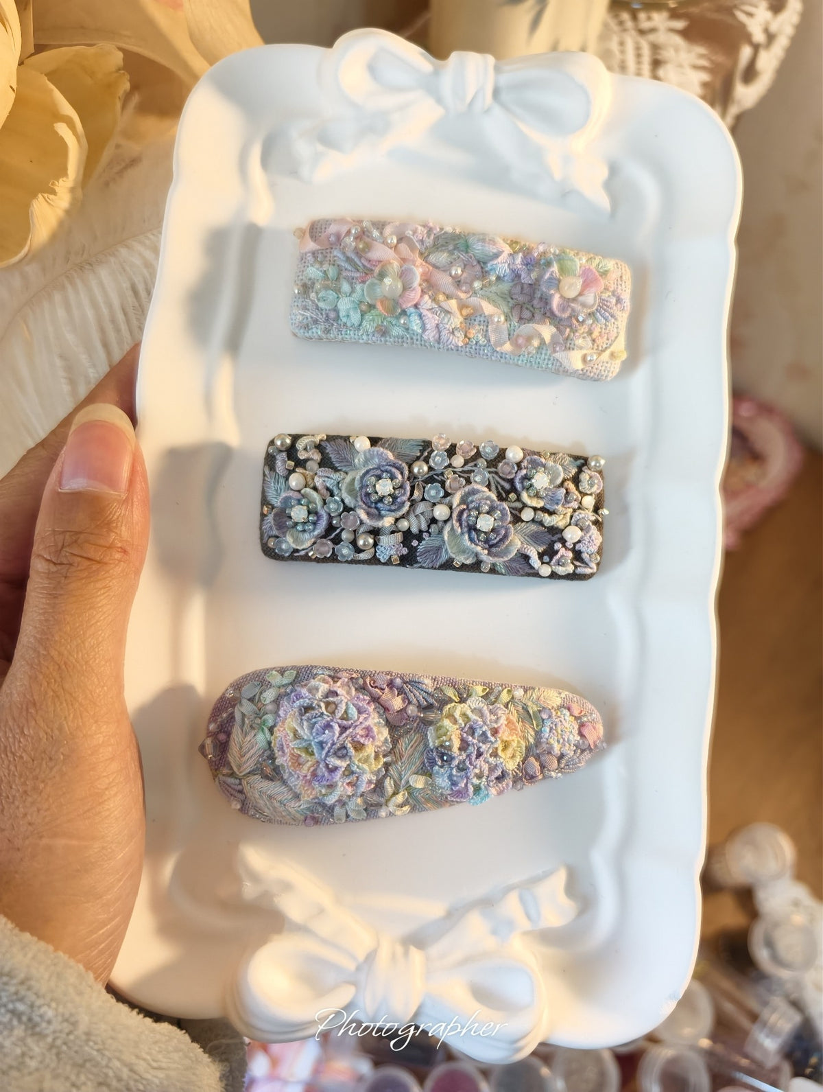 Handmade Embroidered Hair Clips Floral Set