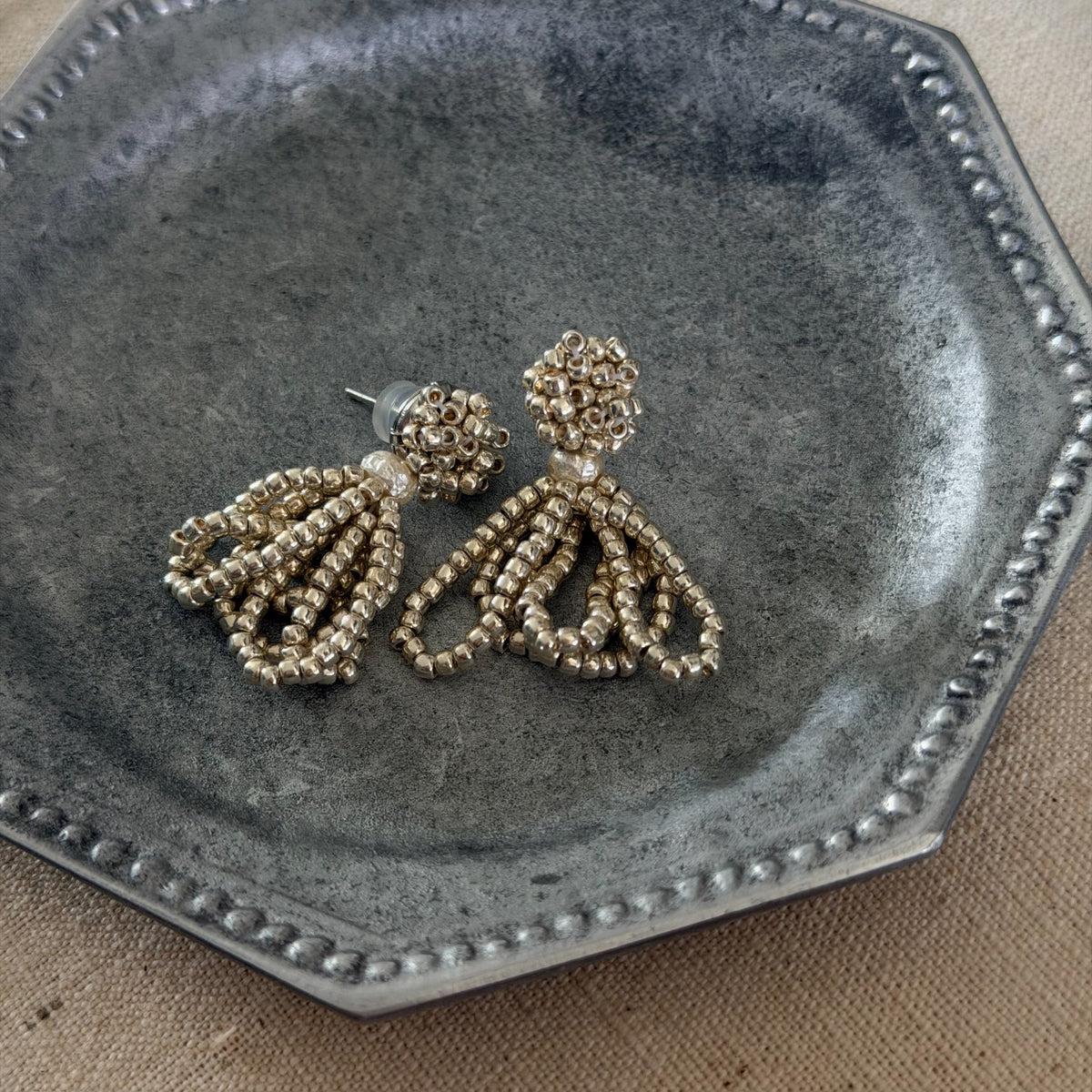 Silver Seed Bead Teardrop Fringe Earrings