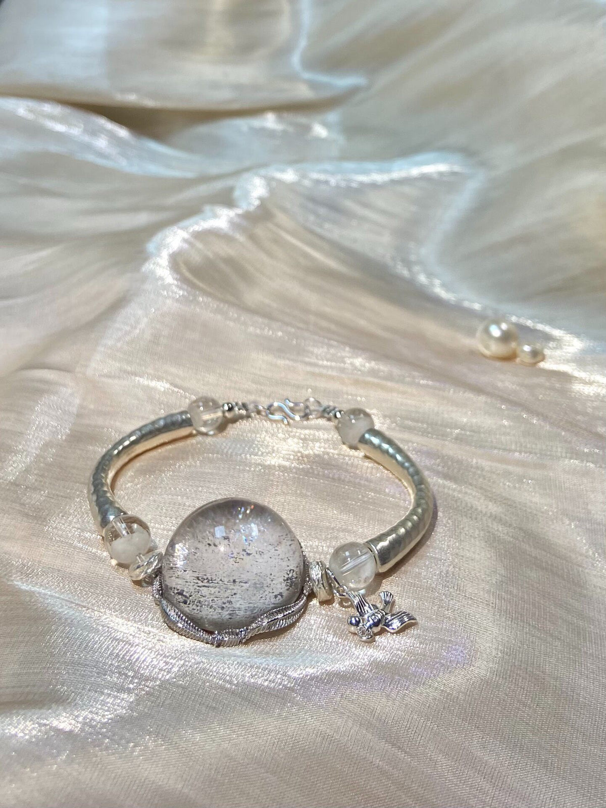 White Mica Cabochon Bracelet Sterling Silver