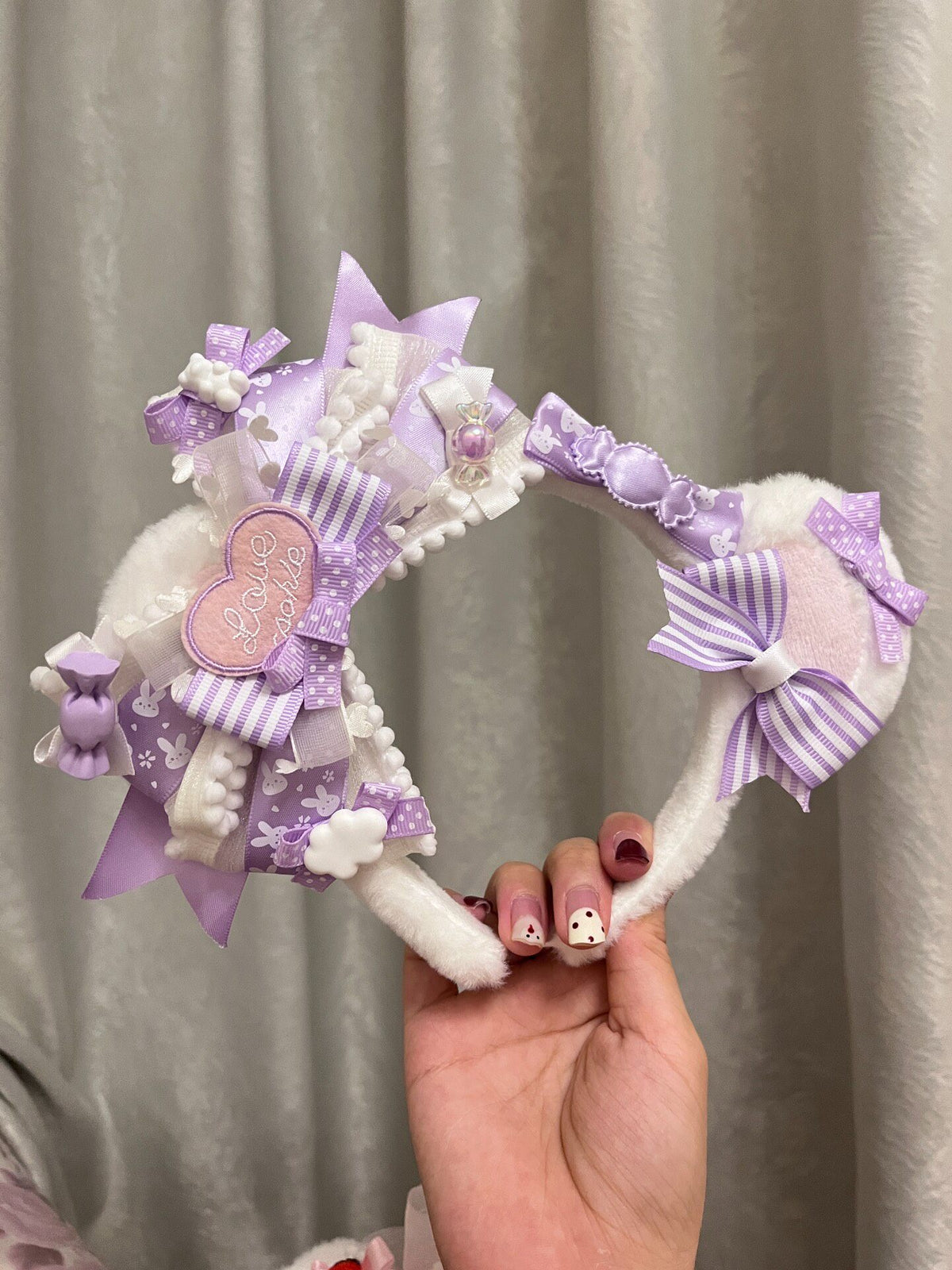 Plush Cat Ear Headband with Lavender Bows