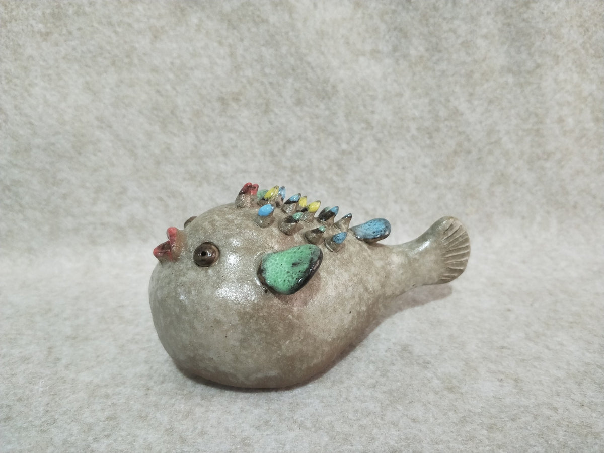 Ceramic Pufferfish Figurine Speckled Glaze