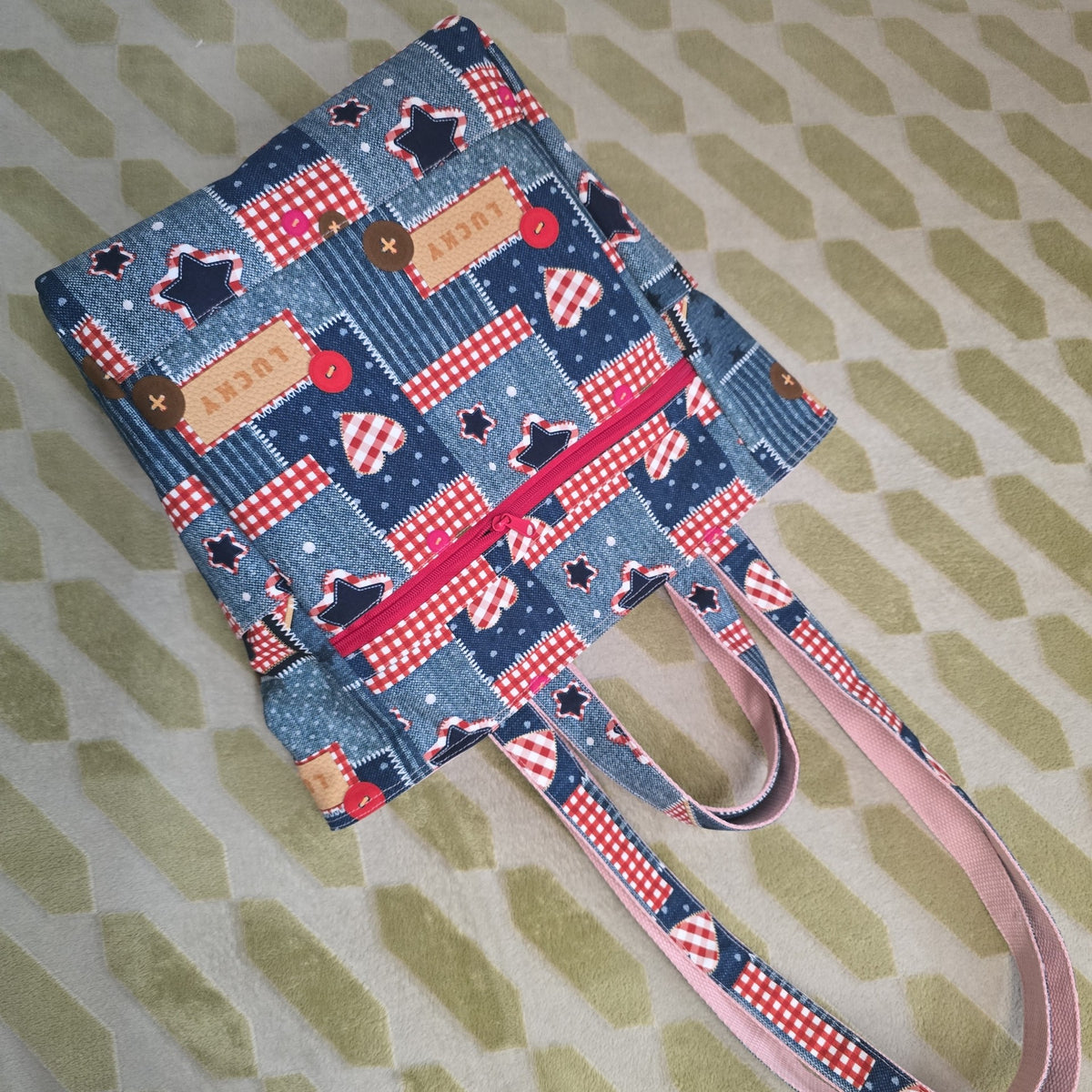 Small Tote Bag with Denim Patchwork Print