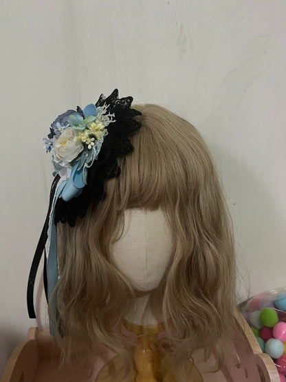 Handmade Lolita Blue-Black Flower Clip Brooch Two-Way Accessory