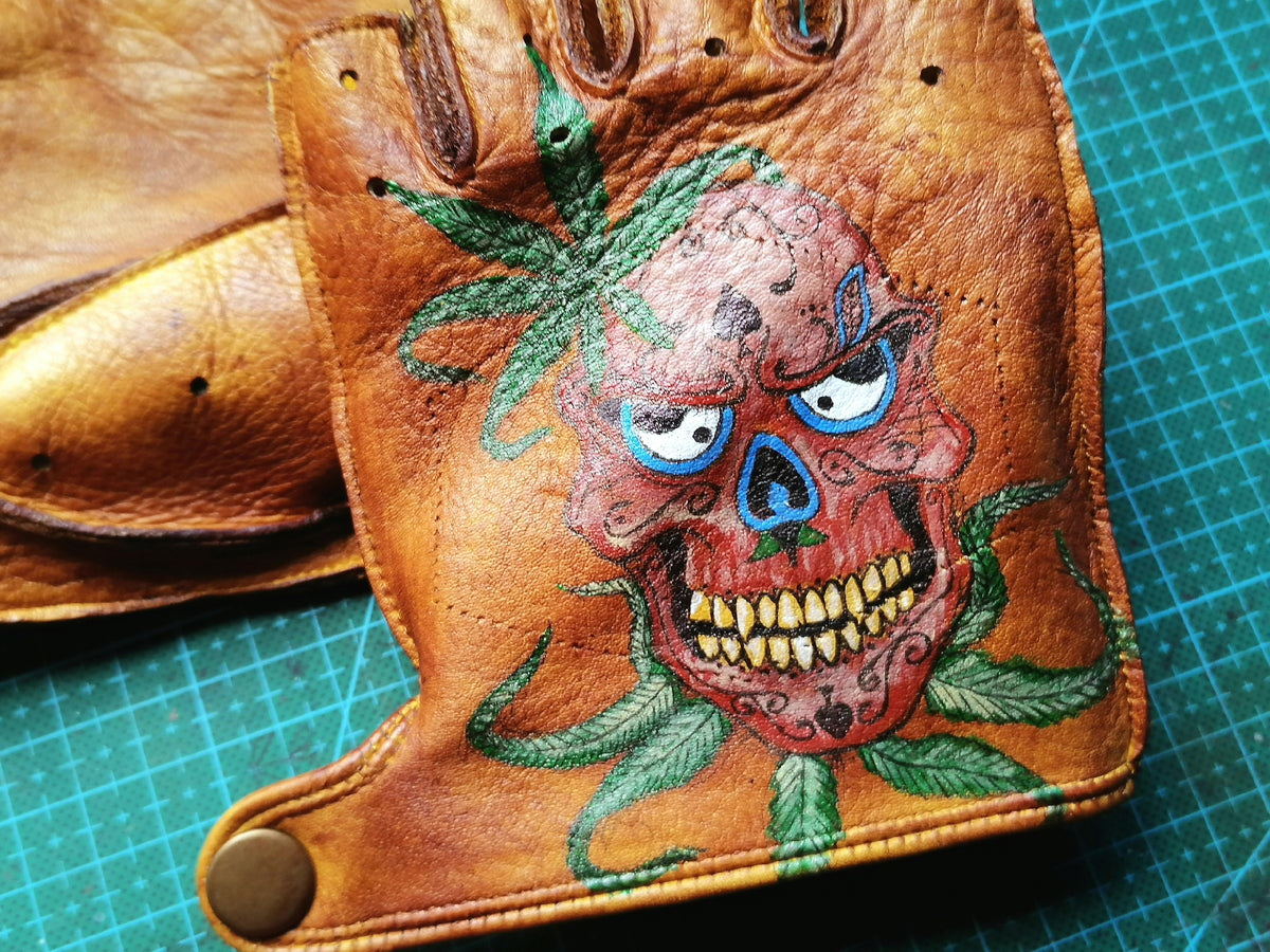 Handcrafted Leather Fingerless Gloves with Painted Skull