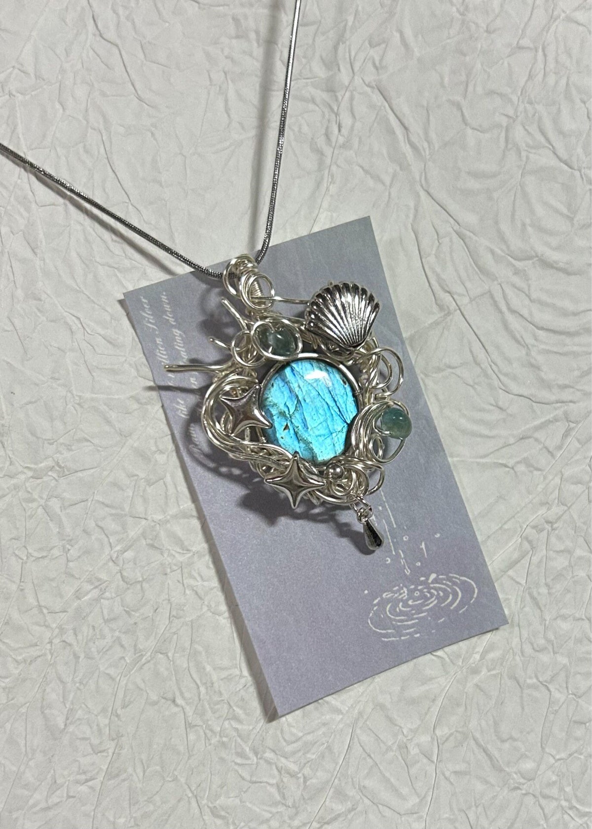 Labradorite Wire Wrapped Pendant with Shell Charm