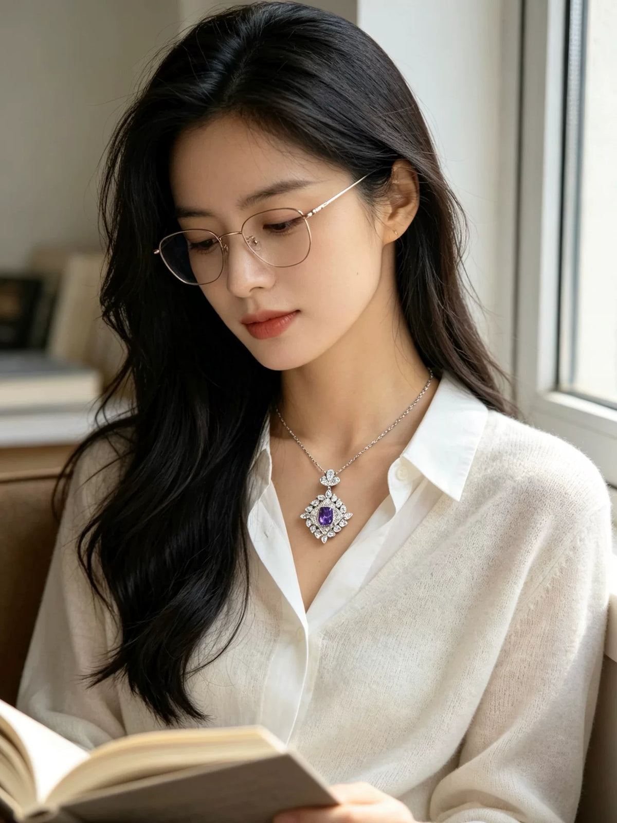Purple Cushion Cut Statement Necklace V-Gold