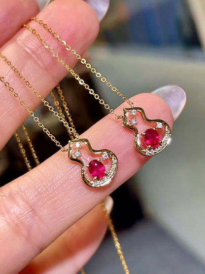18k Gold Gourd Pendant Necklace Set with 0.28ct Red Gemstones