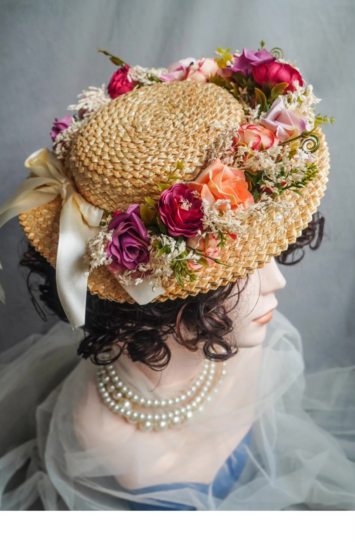 Vintage French Wheat Straw Hat with Floral Trim