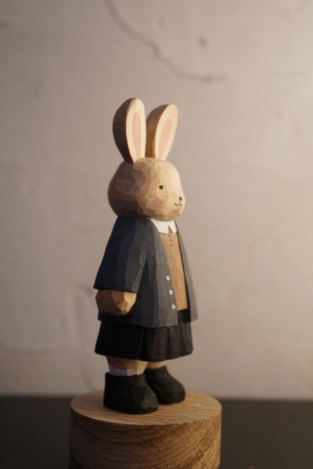 Hand-Carved Paulownia Wood Rabbit Figurine in School Uniform, 9cm
