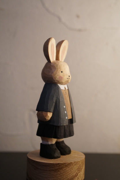 Hand-Carved Paulownia Wood Rabbit Figurine in School Uniform, 9cm