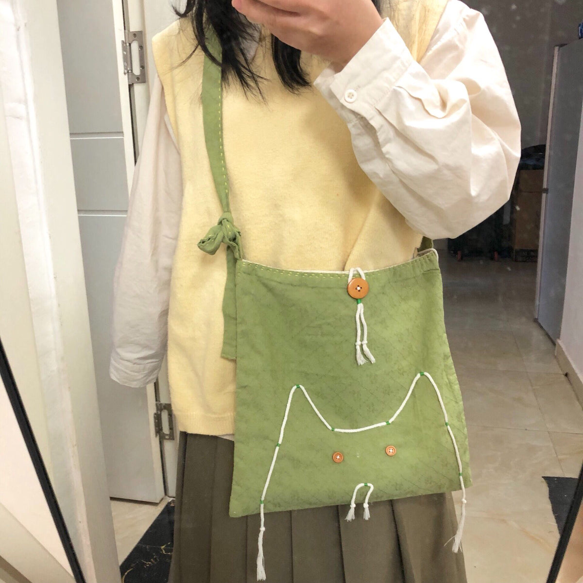 Handmade Cat Face Canvas Crossbody Bag