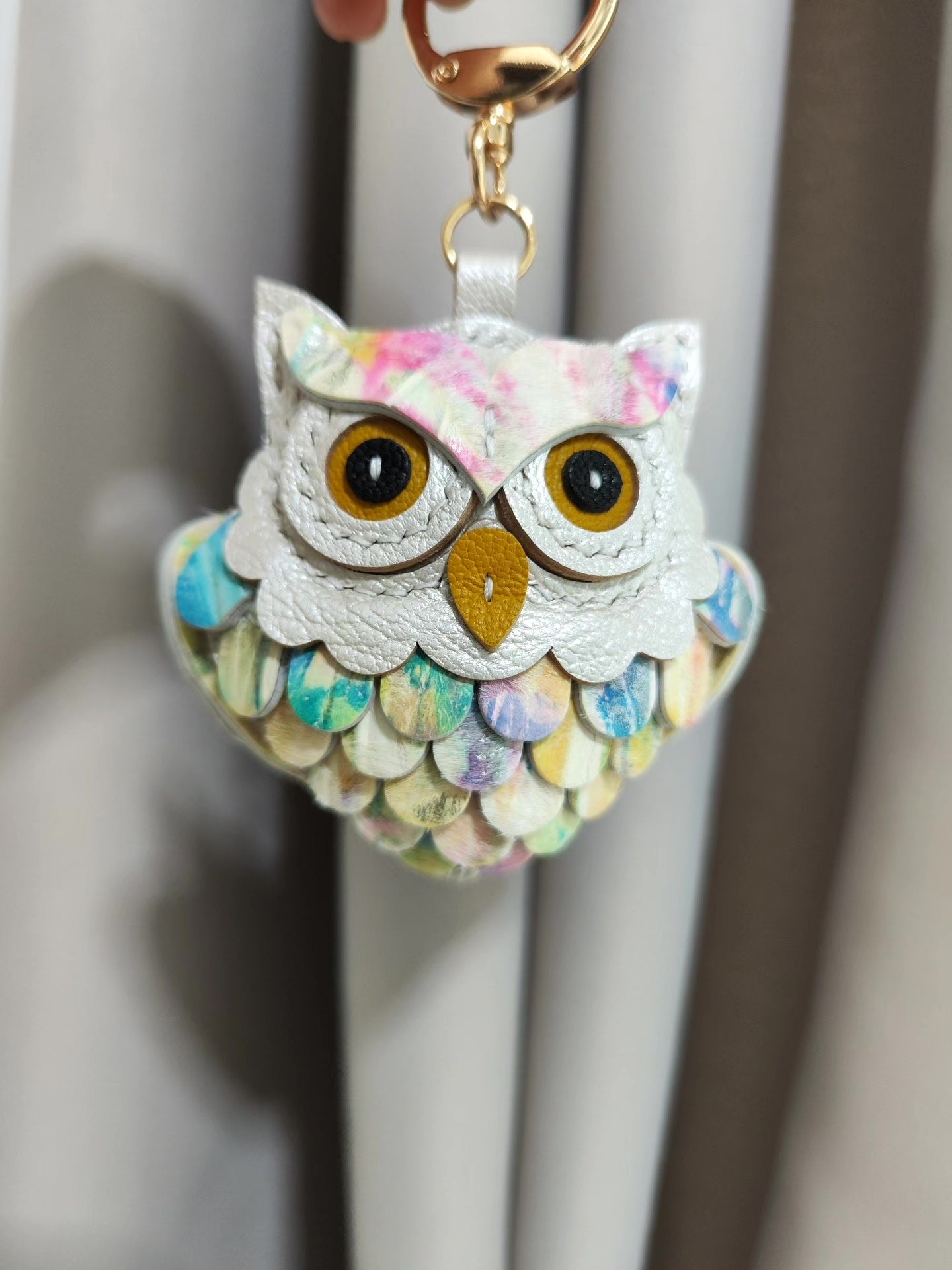White Leather Owl Keychain with Multicolored Wings and Tail