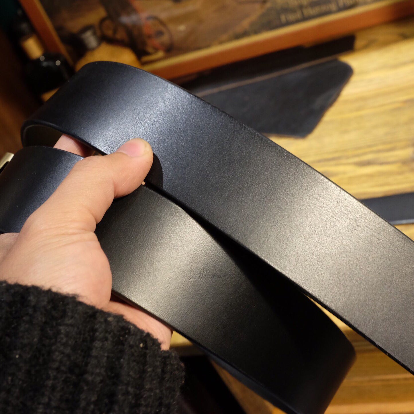45mm Black Leather Belt with Brass Buckle and Engraved Number