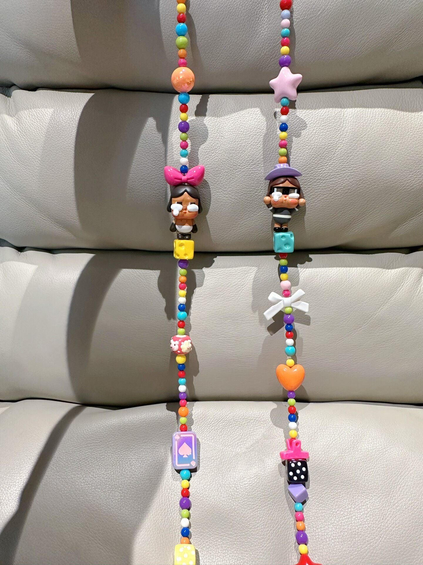 Colorful Beaded Phone Strap with Character Figures and Carabiner Clips