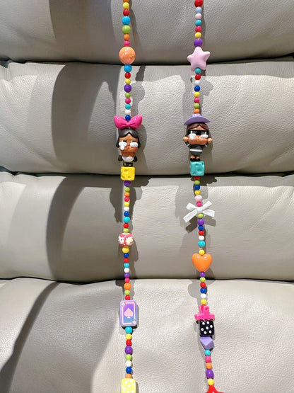 Colorful Beaded Phone Strap with Character Figures and Carabiner Clips