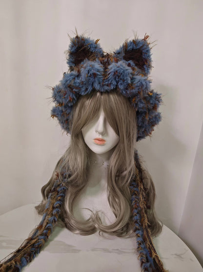 Brown-Blue Fox Hat with Ear Flaps