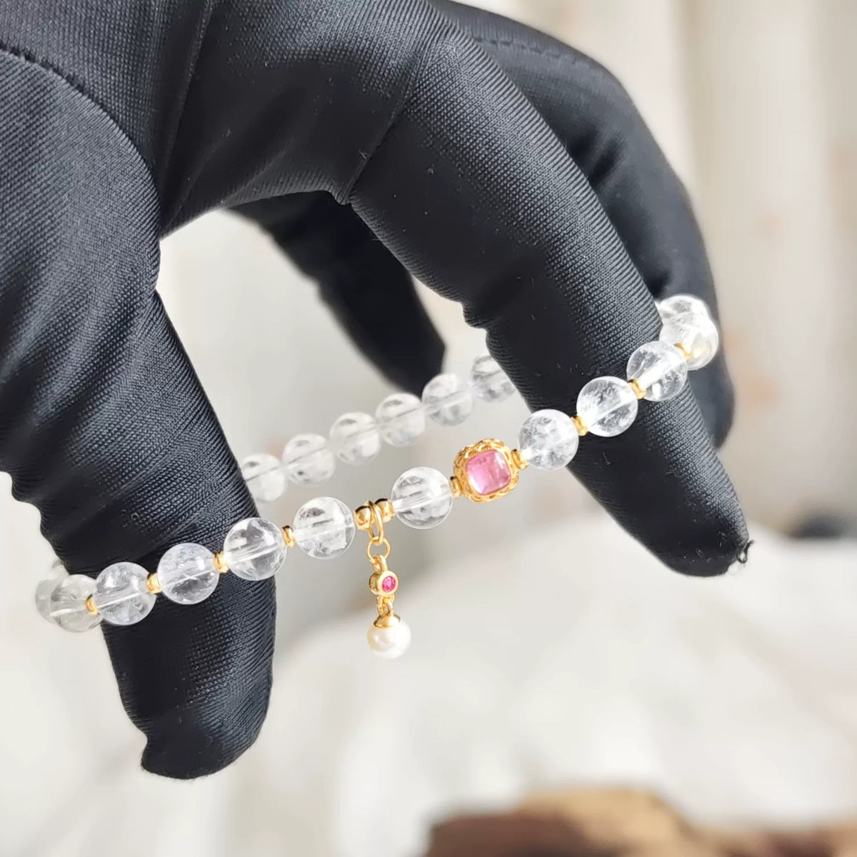White Quartz Bracelet Pink Tourmaline