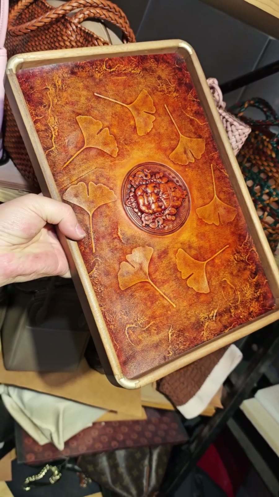 Cowhide Decorative Tray with Wealth God Relief