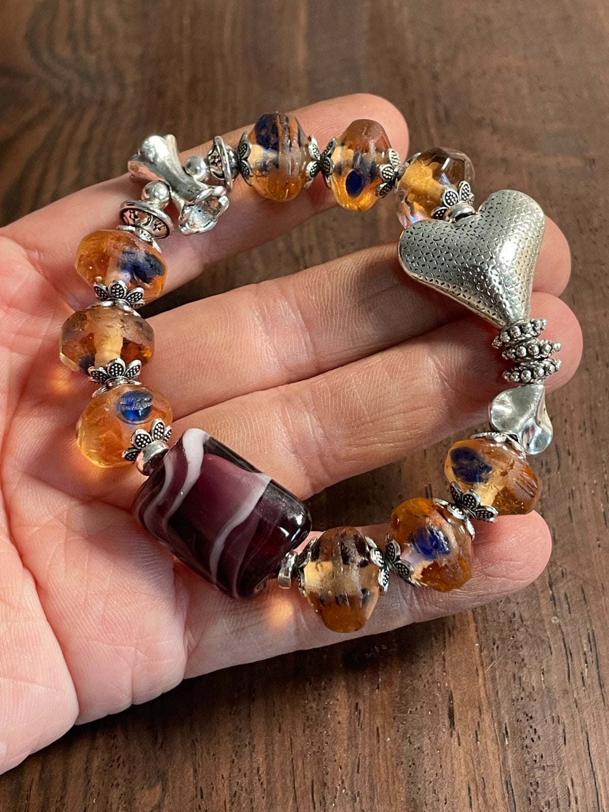 Amber Glass Beaded Charm Bracelet