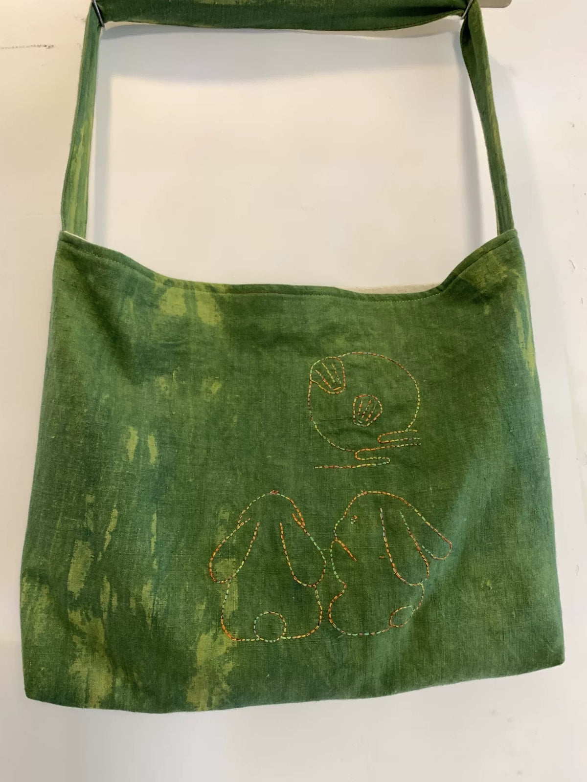 Plant Dyed Woven Cotton Tote with Rabbit Embroidery