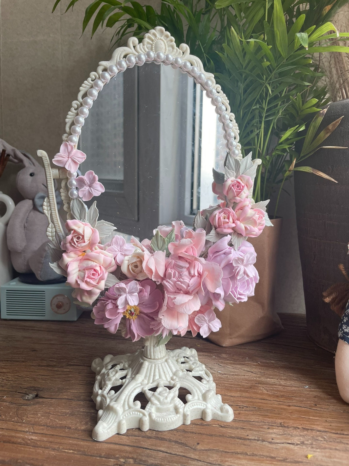 Oval Clay Flower Decorated Standing Mirror