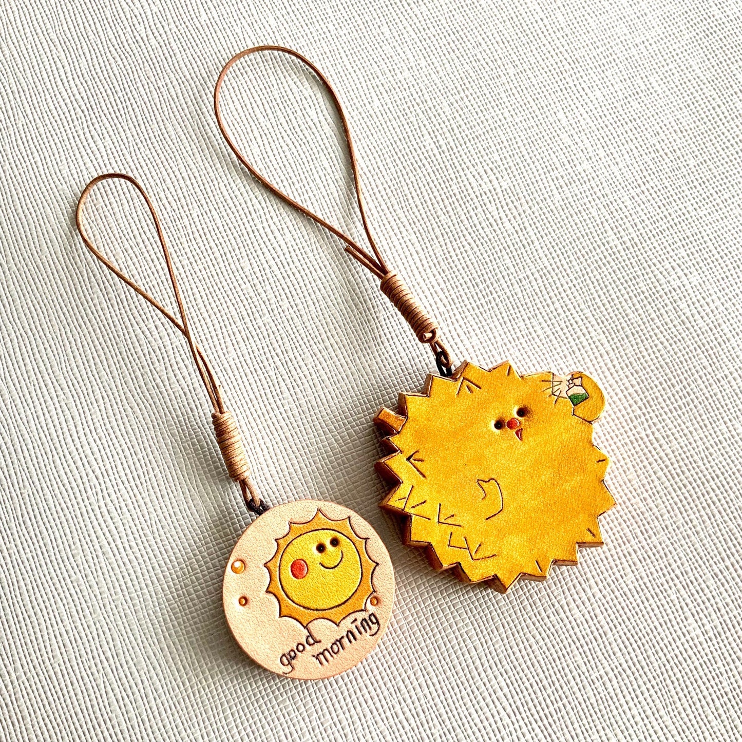 Handmade Leather Durian and Sun Charm Pendant Set for Bags, Keys, and Journals