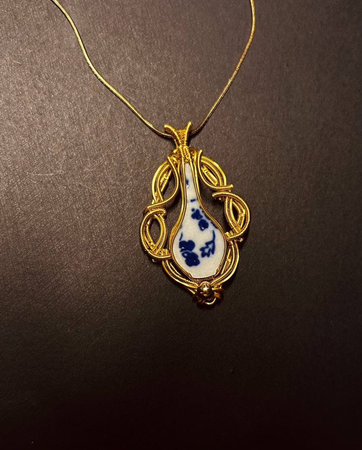 Ceramic Teardrop Pendant Necklace with Wire Wrap