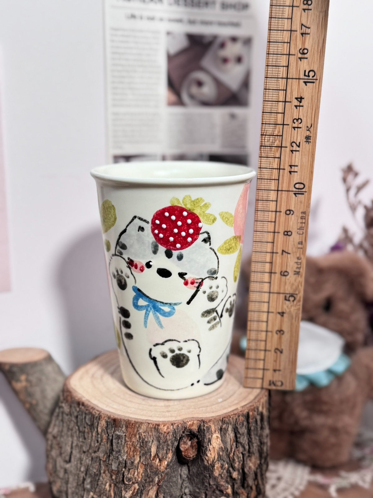 Handpainted Strawberry Cat Ceramic Cup