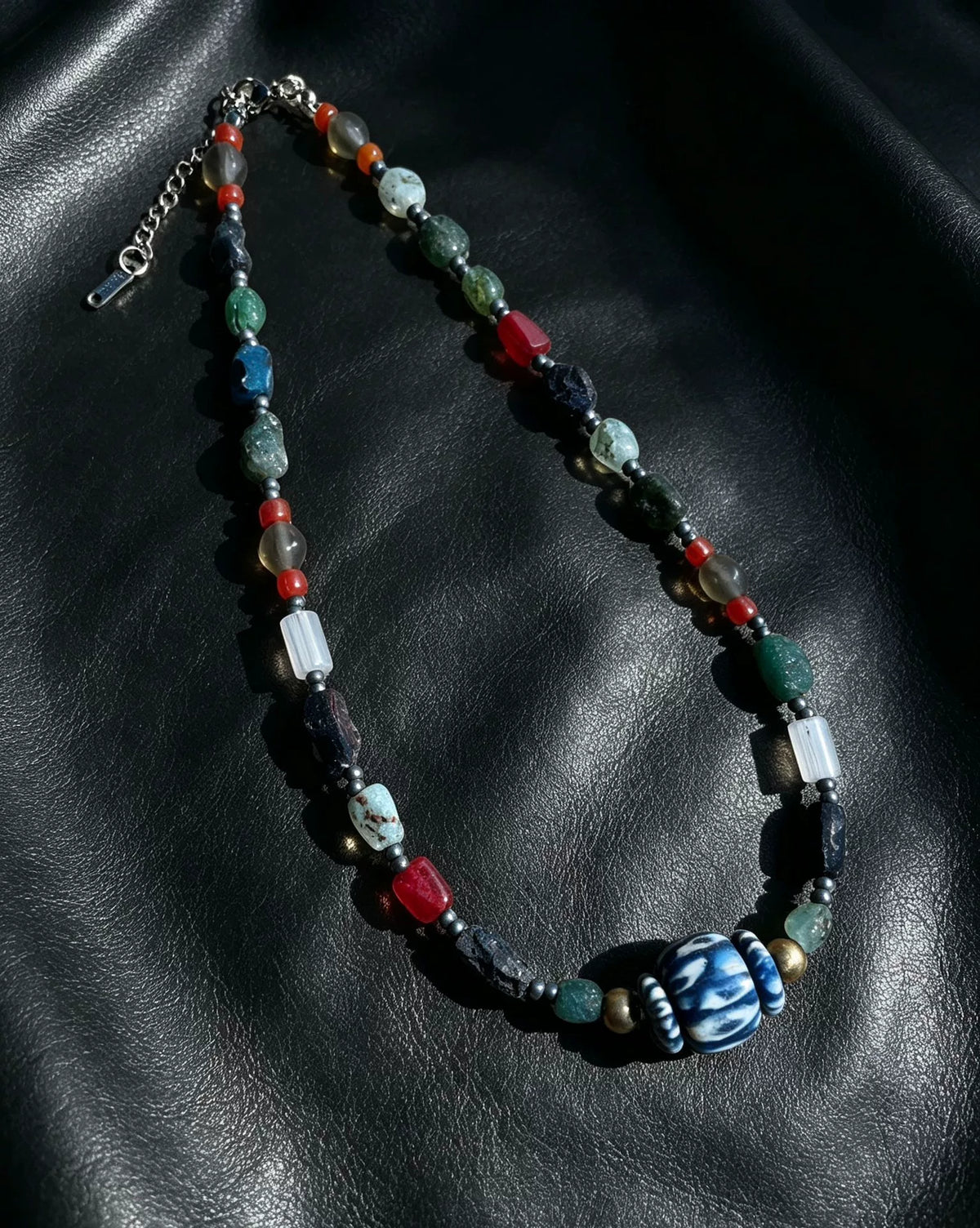 Handmade Glass Bead Necklace Blue White