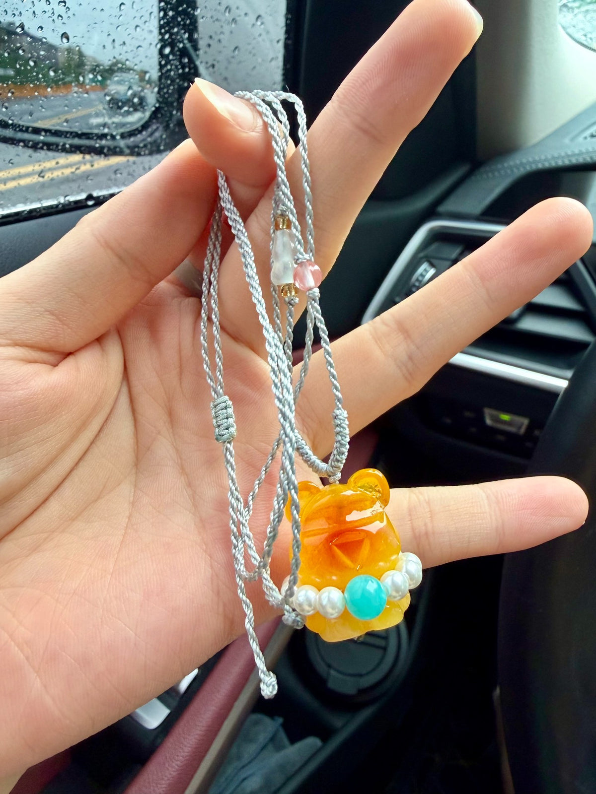 Beeswax Amber Bear Pendant Adjustable Necklace