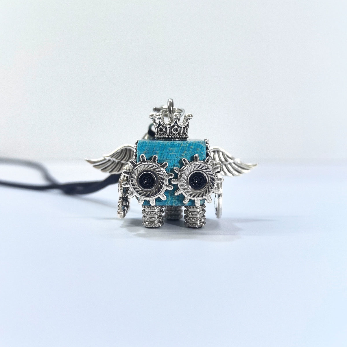 Teal Blue Wood Gemini Robot Pendant