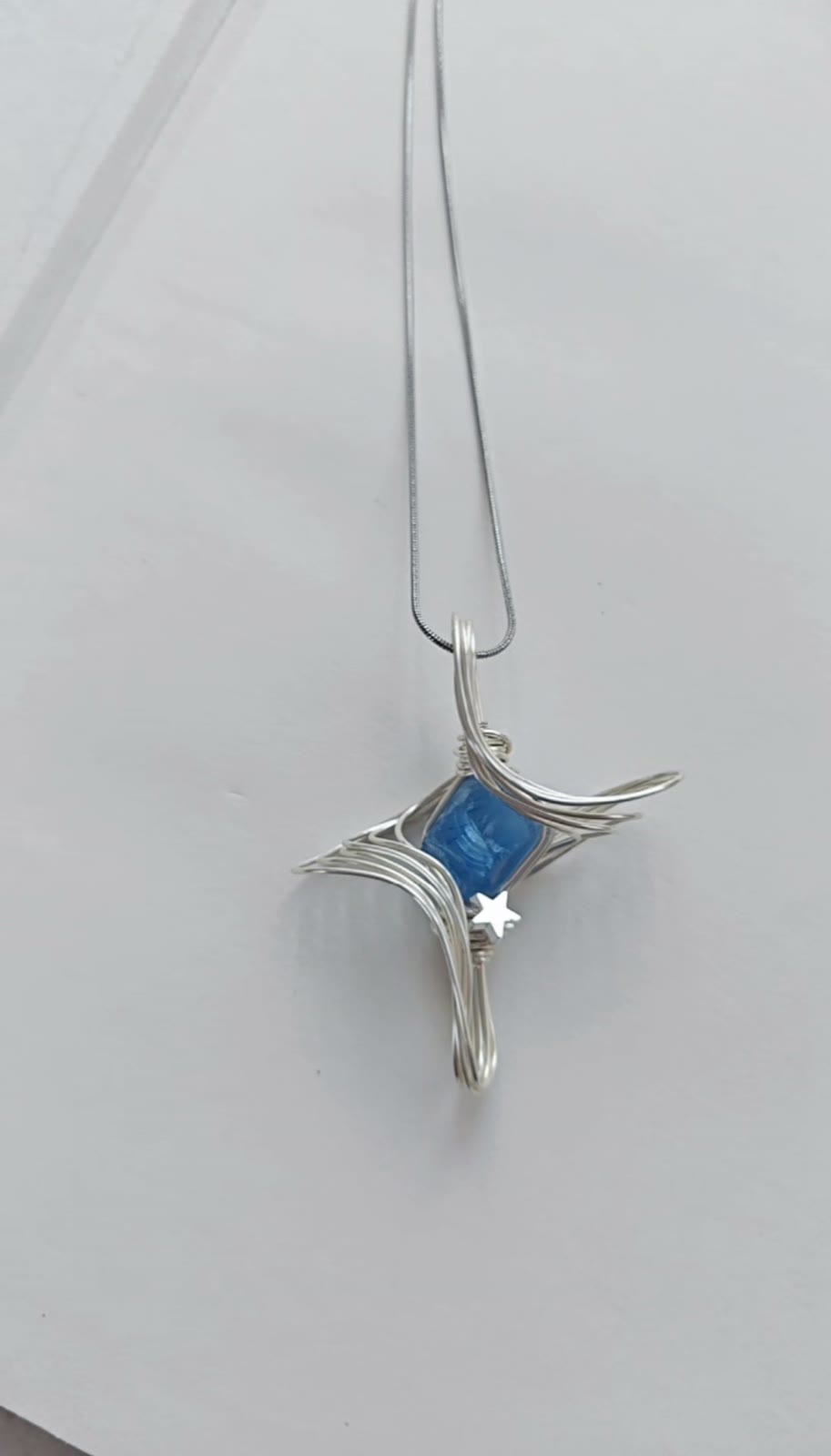 Handcrafted Wire Wrapped Necklace Blue Cat Eye Star