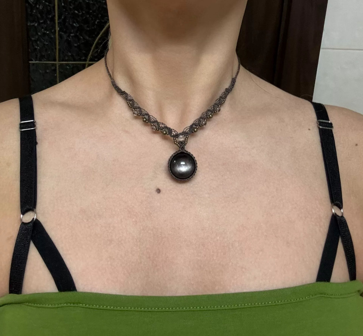 Silver Sheen Obsidian Macrame Necklace 18mm Pendant