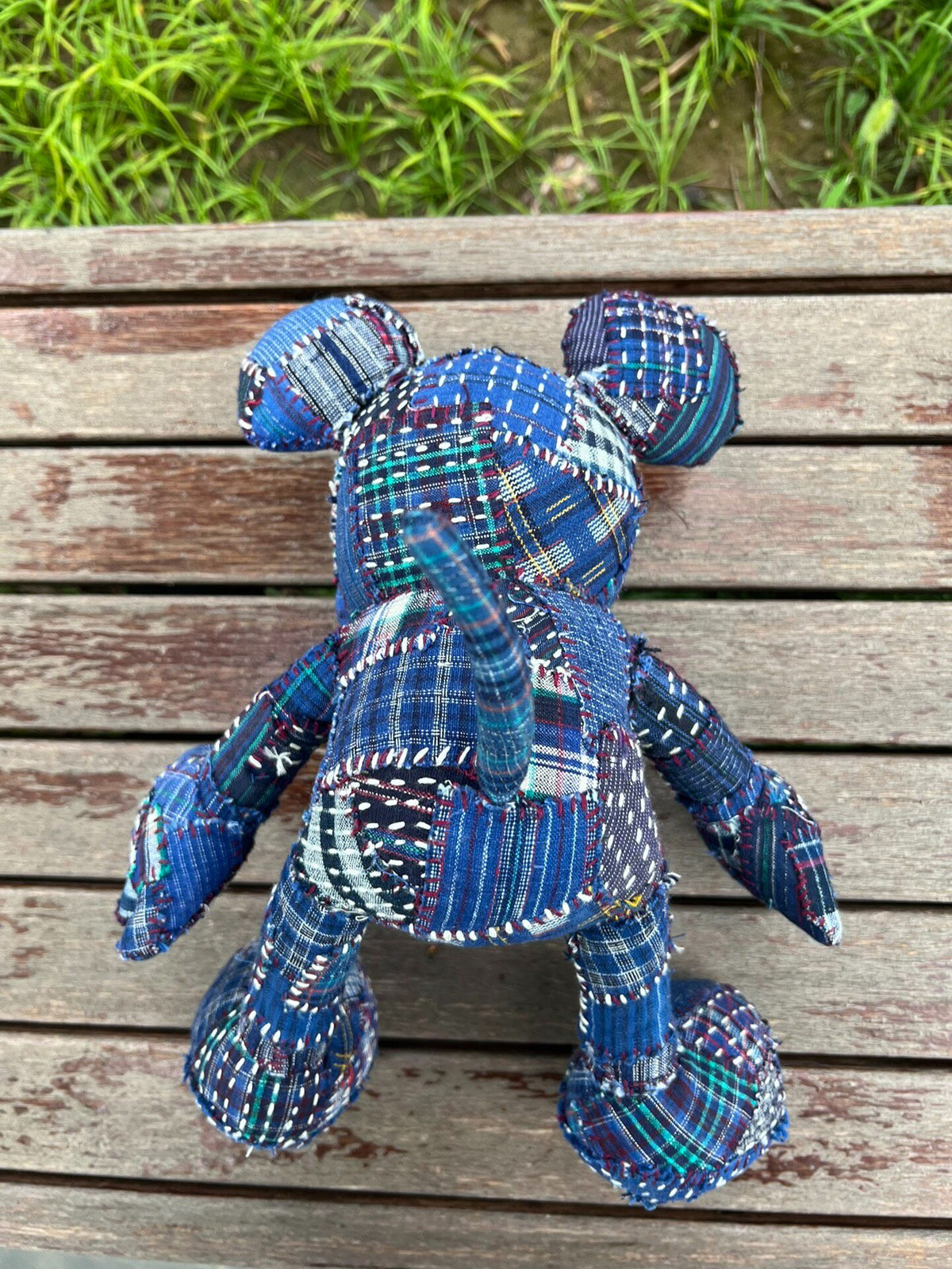 Patchwork Blue Plush Bear Toy 35cm