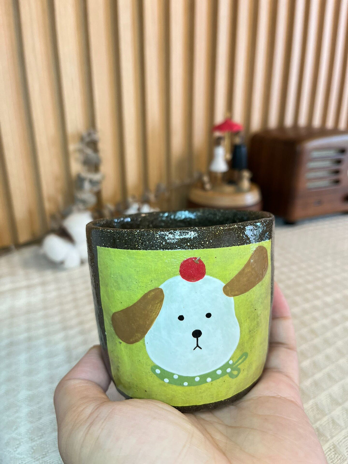 Handmade Black Clay Dog Face Cup 280ml