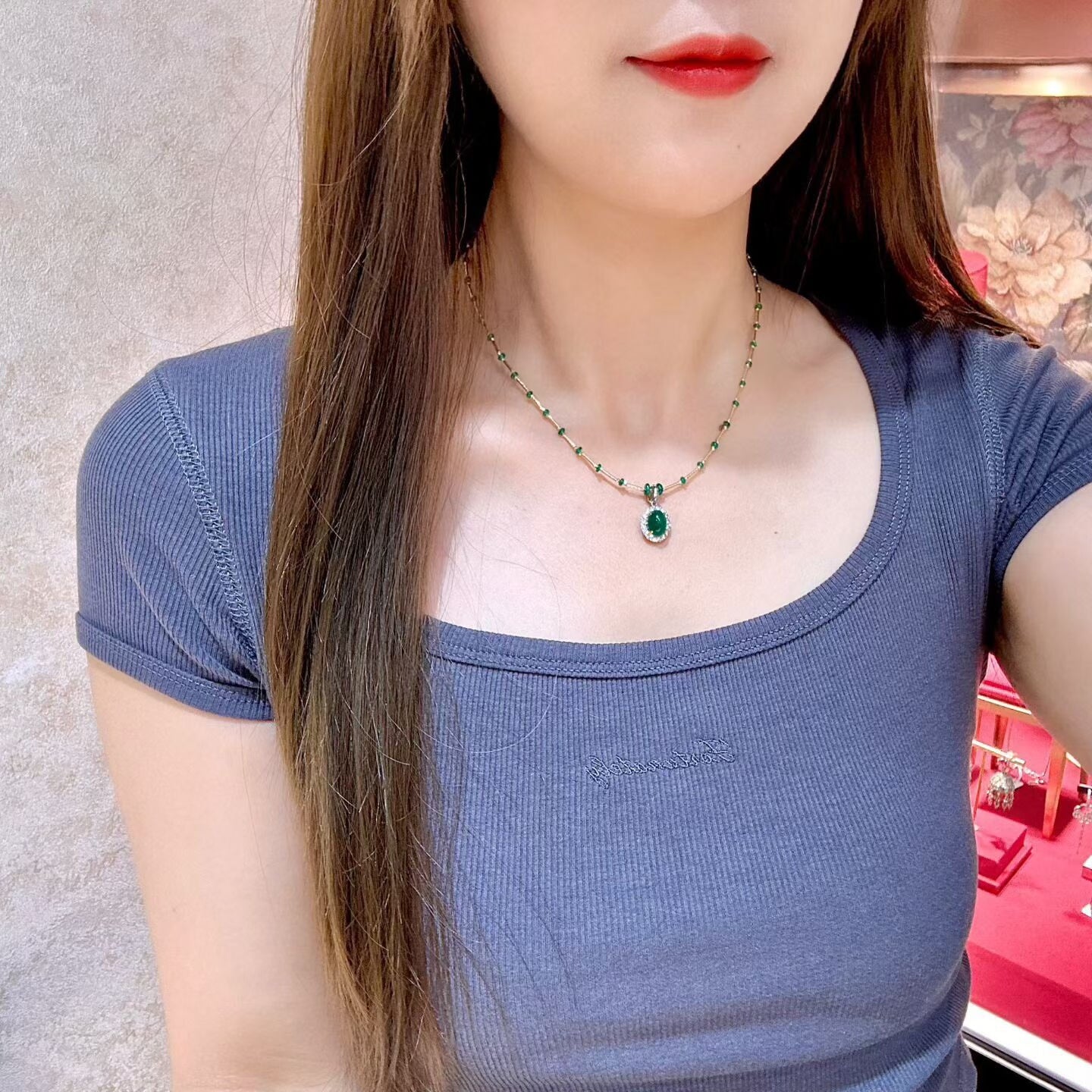 Emerald Cabochon Pendant Necklace with Adjustable Clasp