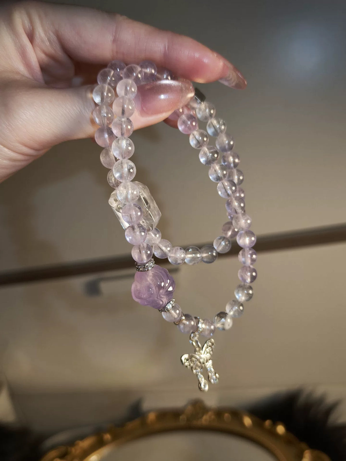 Amethyst White Crystal Fox Bead Bracelet