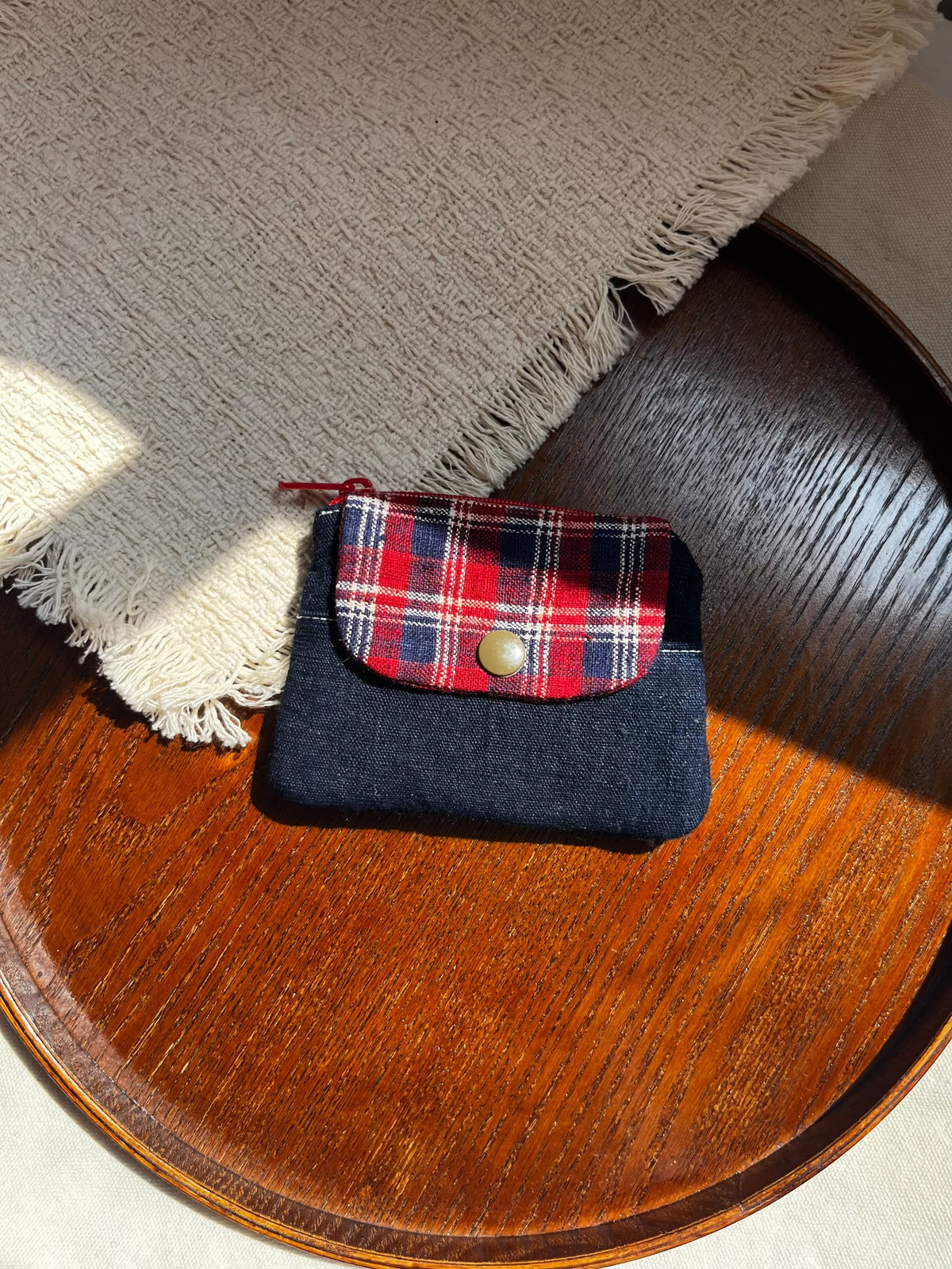 Handwoven Navy Cotton Coin Purse with Red Plaid Flap