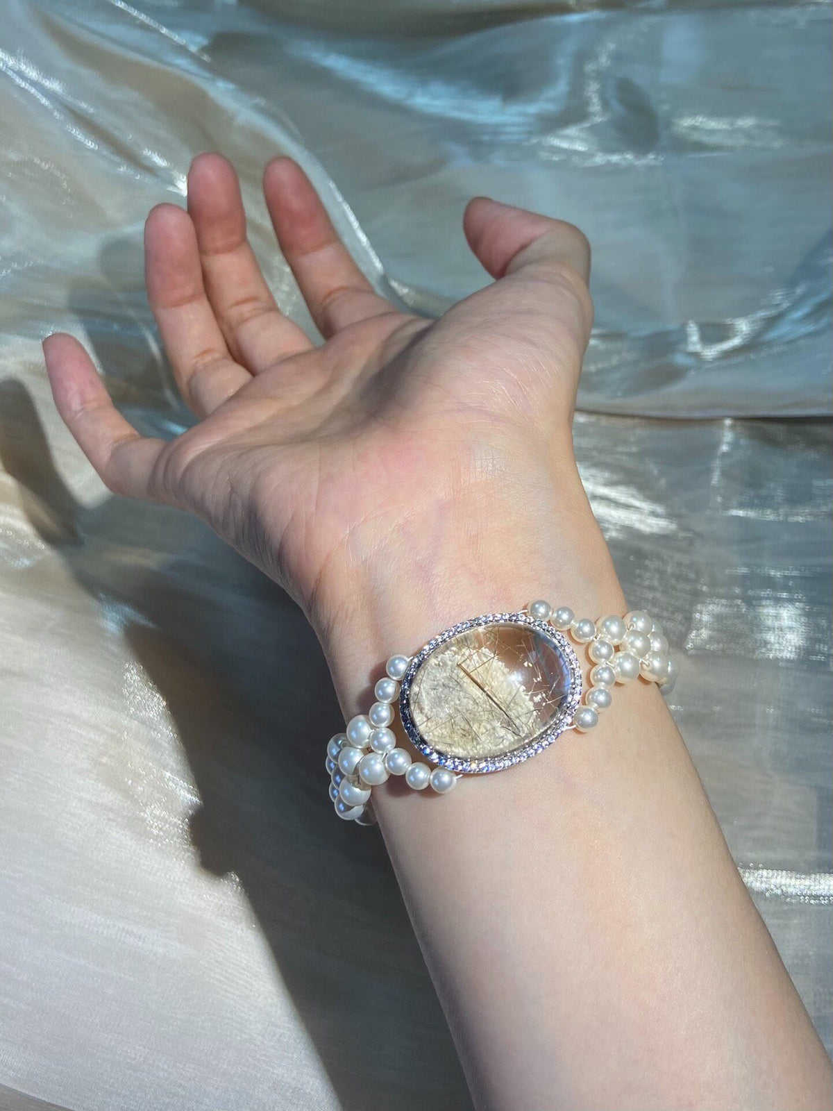 White Phantom Quartz Pearl Bracelet