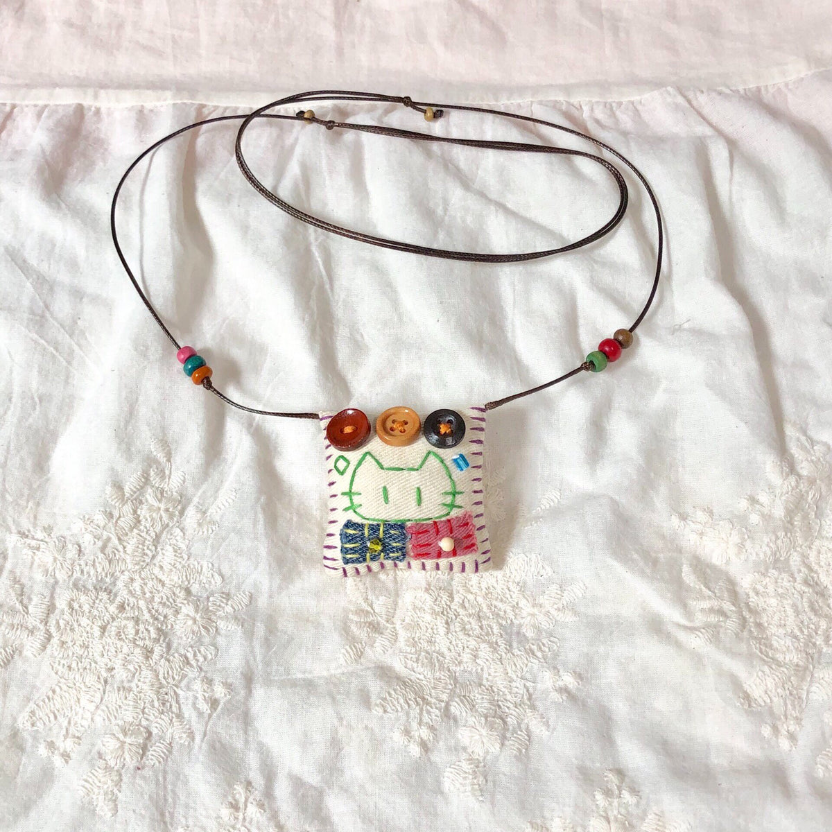 Handmade Cat Necklace with Square Fabric Pendant