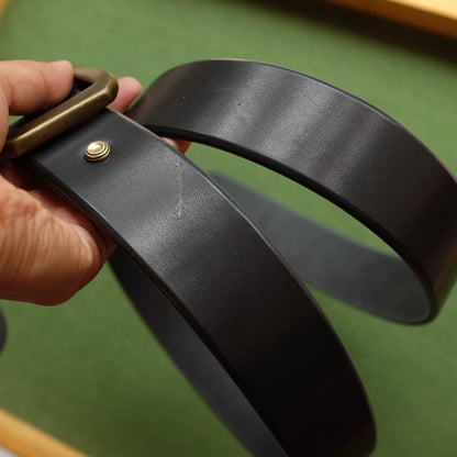 Black Leather Belt with Hexagonal Aged Brass Buckle and Three Rivets