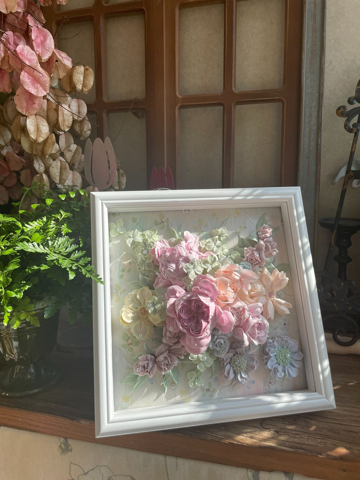 Clay Floral Art in White Square Frame