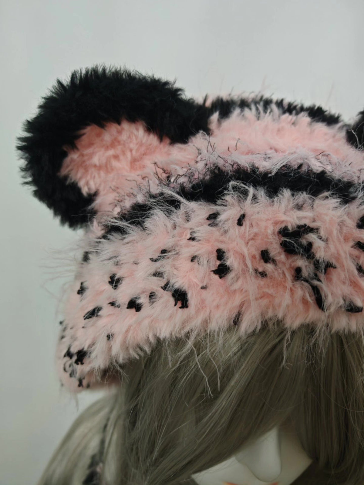 Pink Black Bear Plush Hat with Long Fur