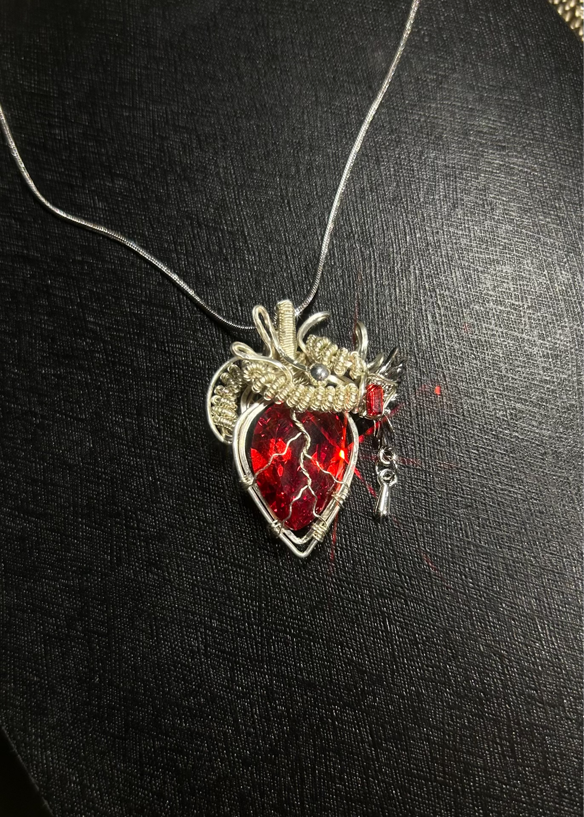 Wire Wrapped Heart Pendant Red Zircon