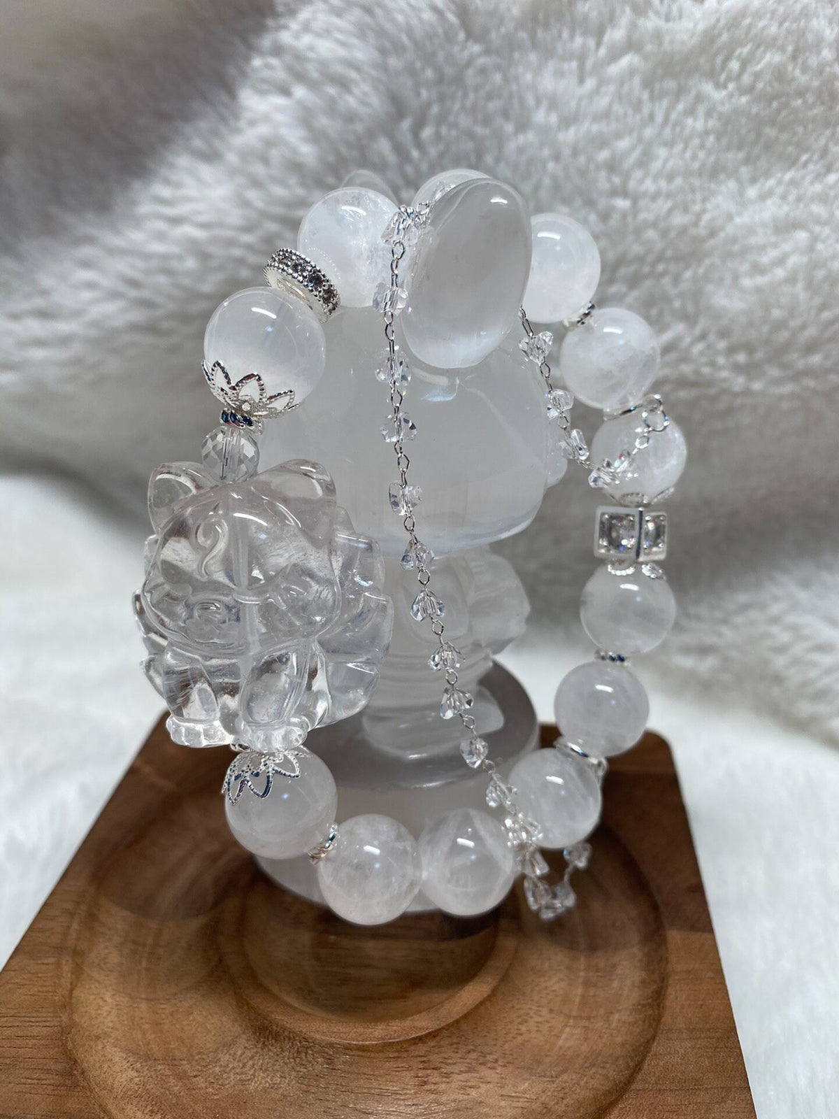 White Phantom Quartz Beaded Bracelet Nine-Tailed Fox Pendant