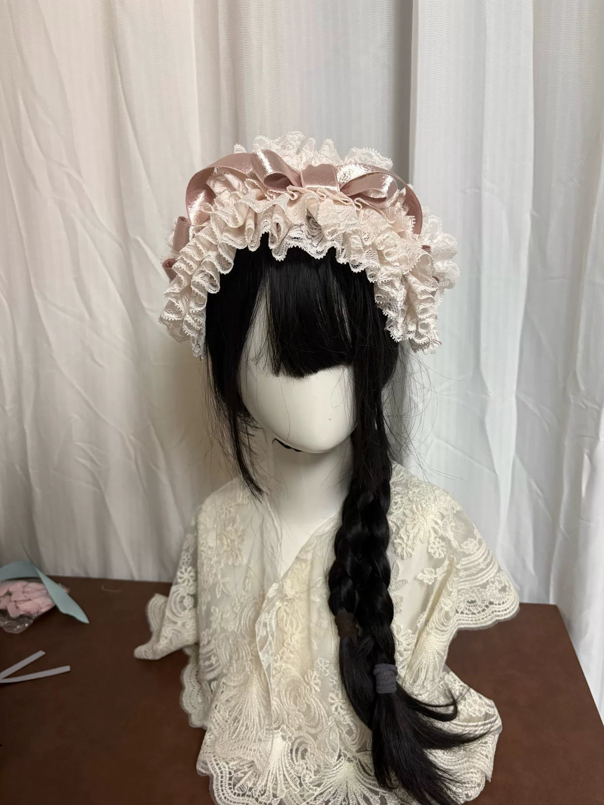 Handmade Ivory Lace Lolita Headdress with Pink Ribbon