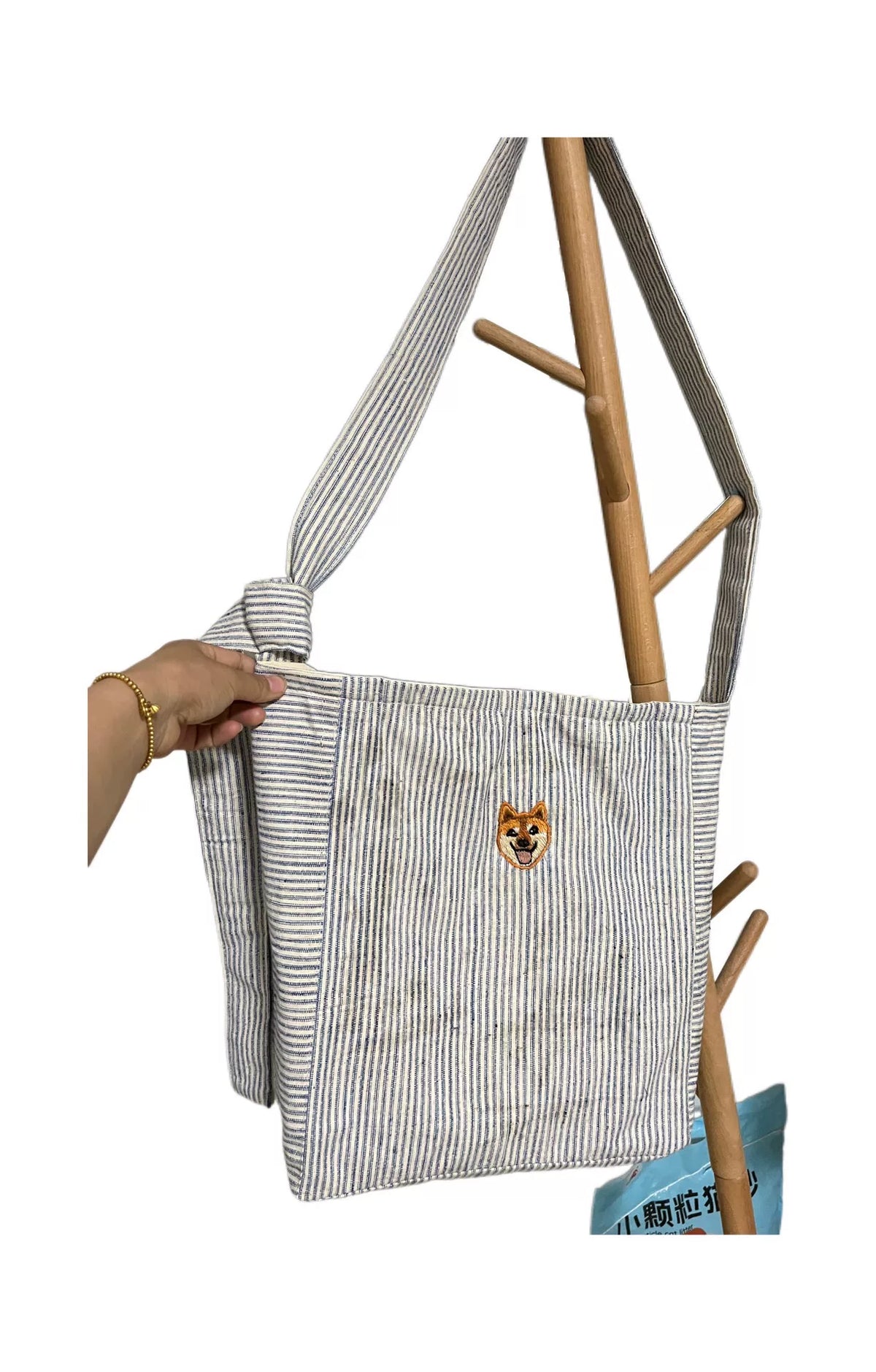 Bolso bandolera de algodón con rayas y bordado de Shiba Inu