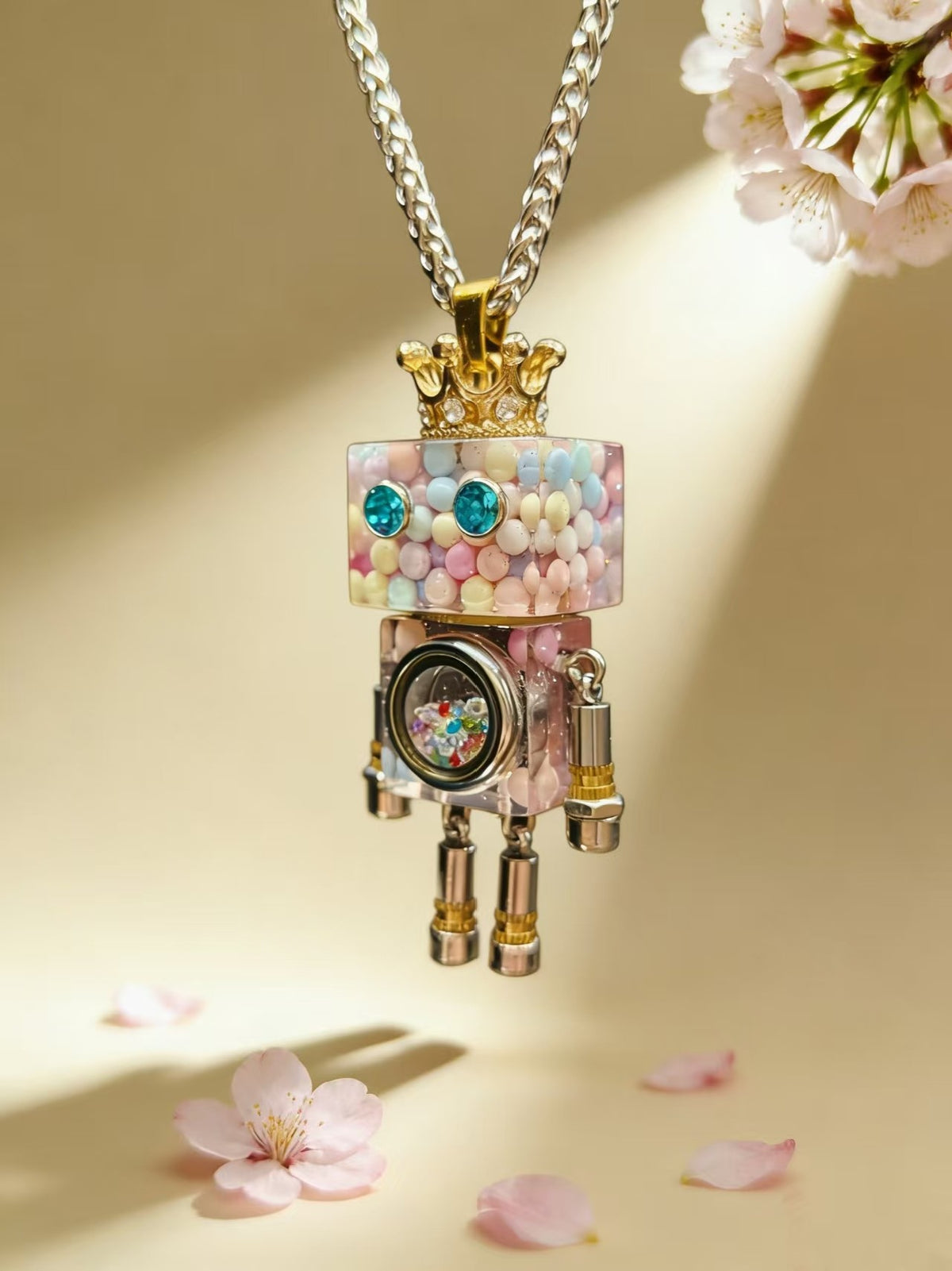 Pendente de Robô Punk Bubble Cor-de-Rosa com Coroa