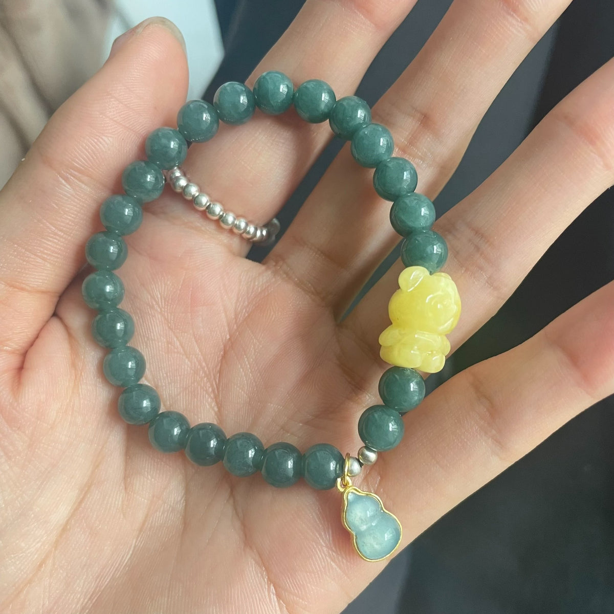 Natural Honey Amber Bear Blue Water Jadeite Bracelet